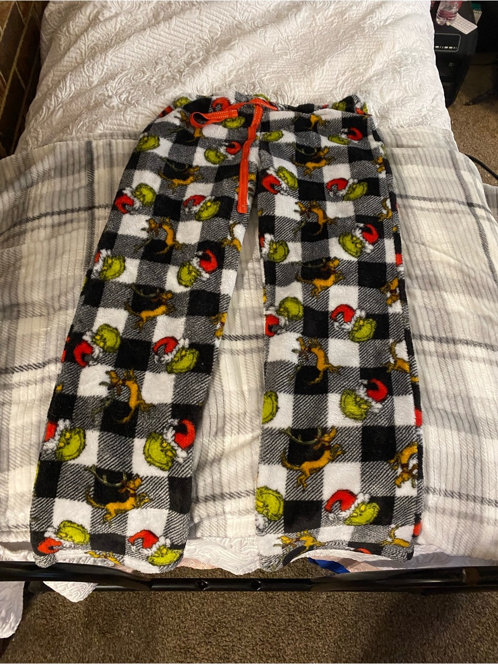womens Black & White Plaid Grinch Fleece Pajama Pants - red Drawstring